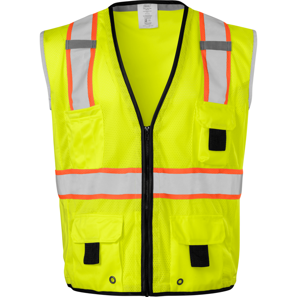 Class 2 Lime Safety Vest with Two Tone Tape and Zipper Closure (11 Pockets)