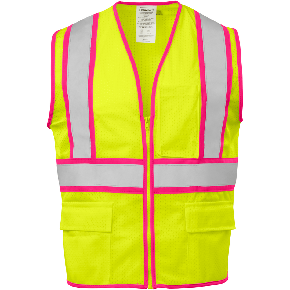 Class 2 Lime Zipper Closure Safety Vest with Pink Binding