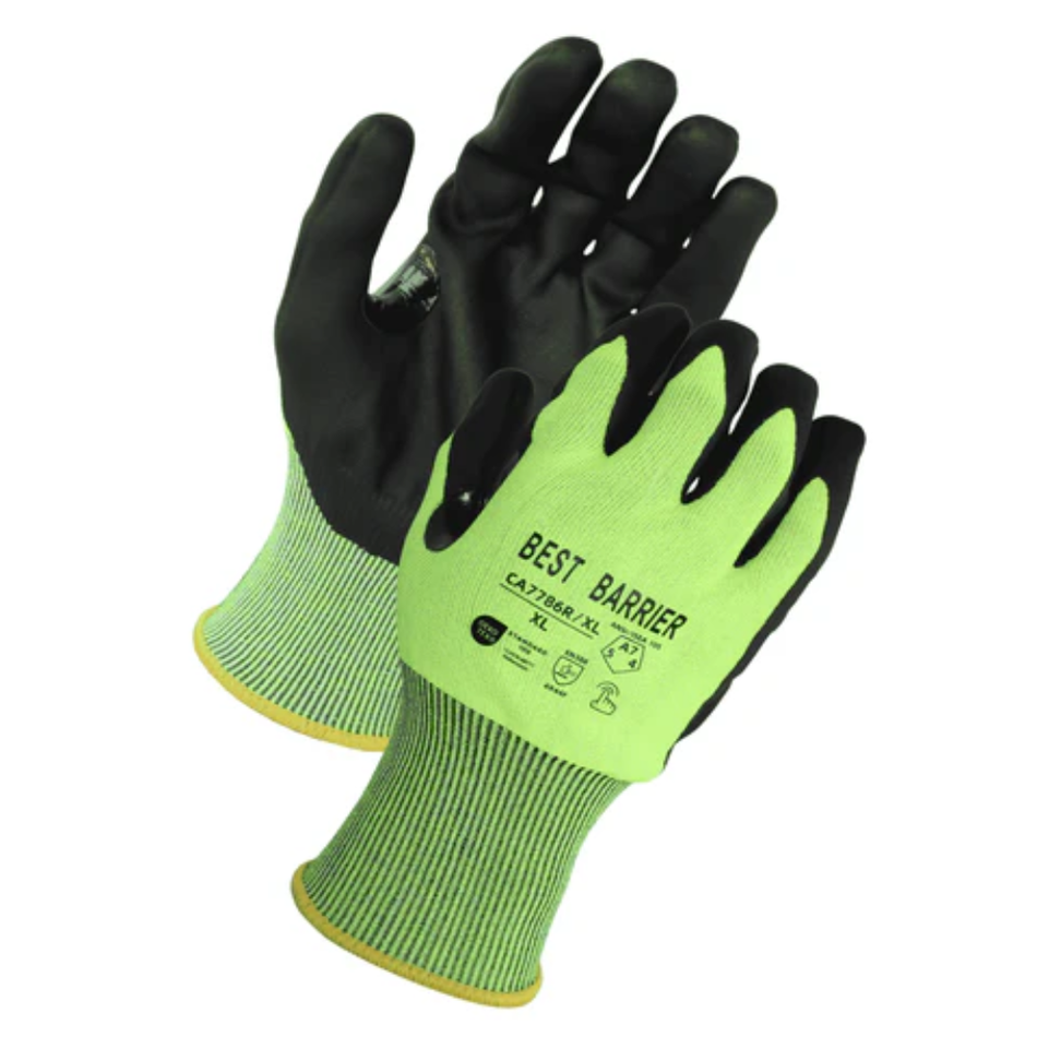 A7 Cut Resistant, Hi Vis, Microfoam Nitrile Coated 18 Gauge, 12 Pairs