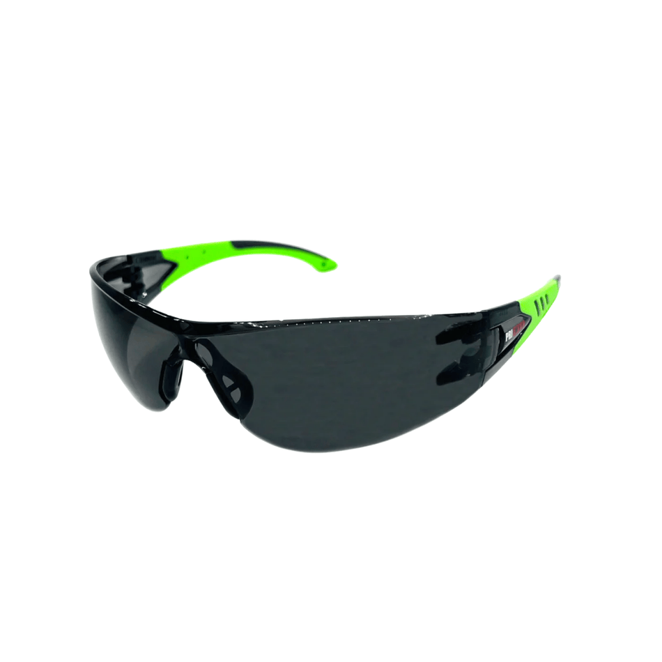 Hi Vis Green Rubber Temple Gray Lens Glasses (Anti-Fog Option)