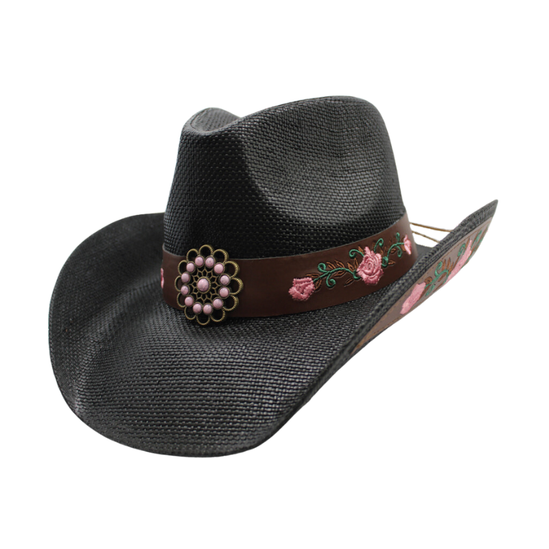 Black Cowgirl Hat with Floral Band Design