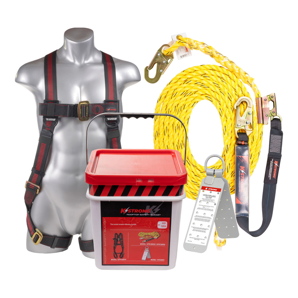 50' Roofers Kit with Elite 5-Point MB Leg Harness Size L-XL, 50' Rope, Manual Rope Grab Assembly, Reusable Roof Anchor, Bucket and Lid