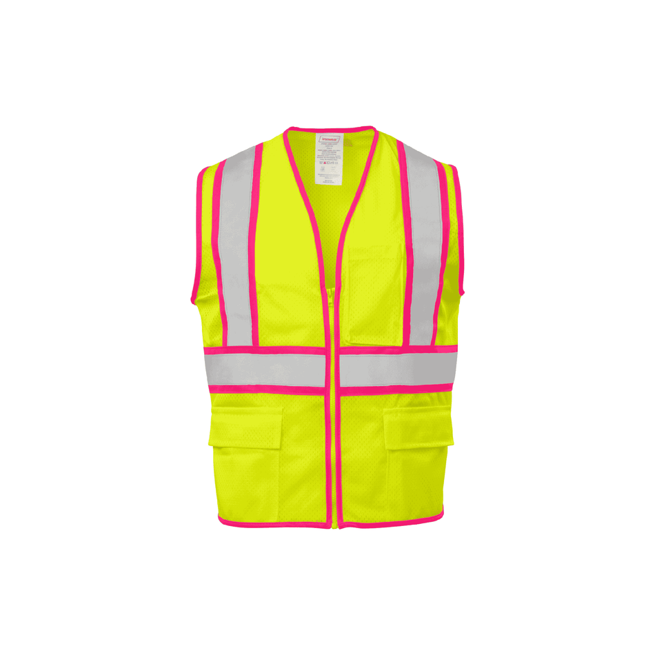 Class 2 Lime Zipper Closure Safety Vest with Pink Binding