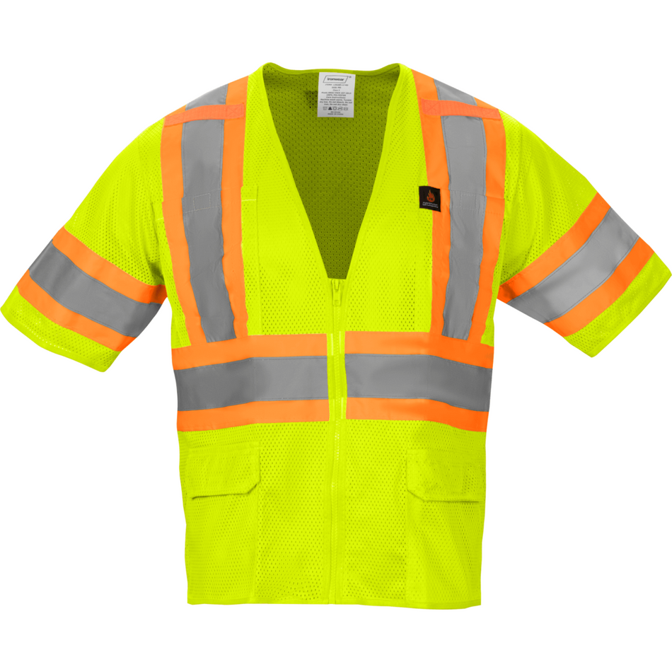 Class 3 Lime Flame Retardant Safety Vest with Zipper Front and Sleeves