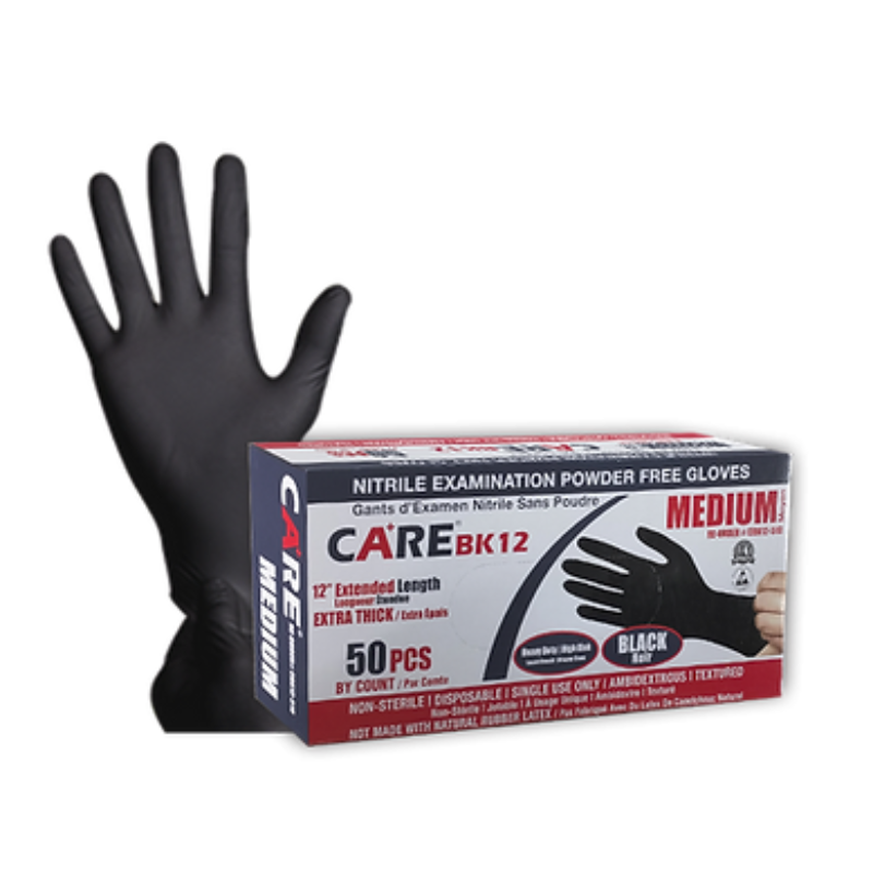 CARE Black 6 mil, 12" Nitrile Exam Powder-Free Gloves