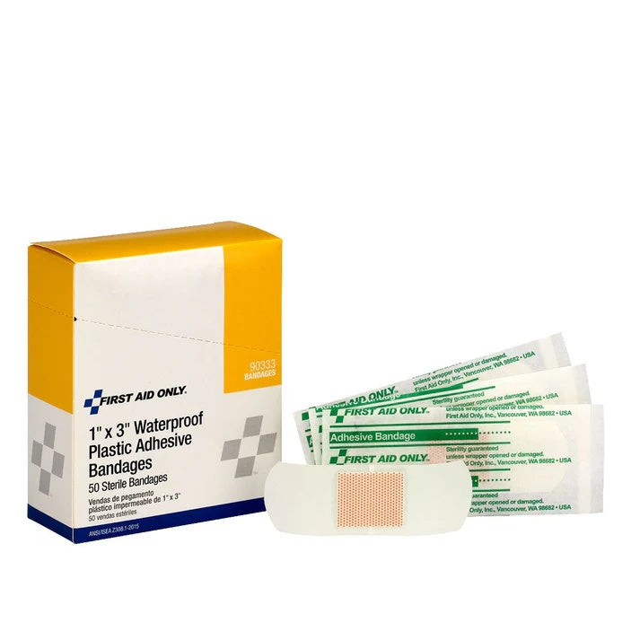 Waterproof Plastic Adhesive Bandages: 1" x 3", 50-Count Box
