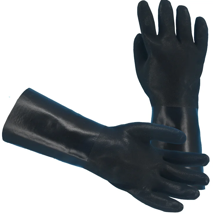 BLACK PVC GLOVE, SANDY FINISH, JERSEY LINING, 14" GAUNTLET