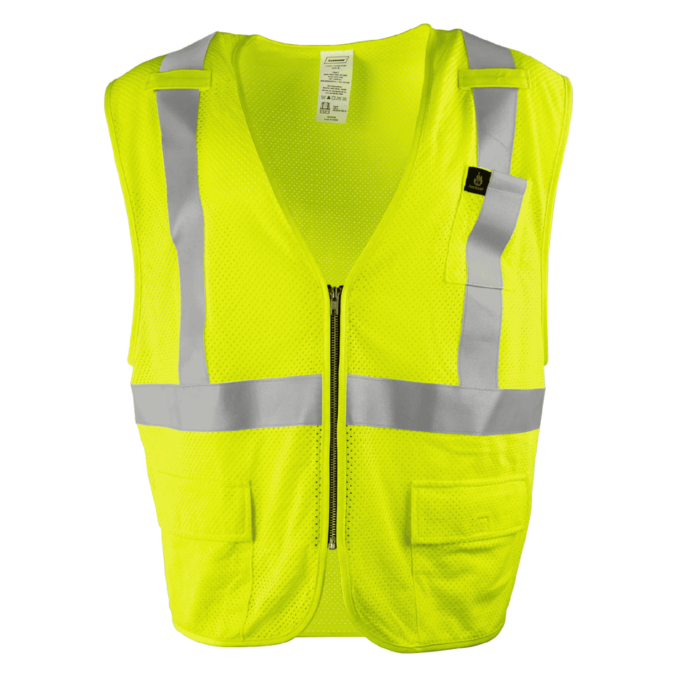 Flame Resistant Safety Vest - Class 2 Hi-Vis Yellow Modacrylic Mesh with Pockets