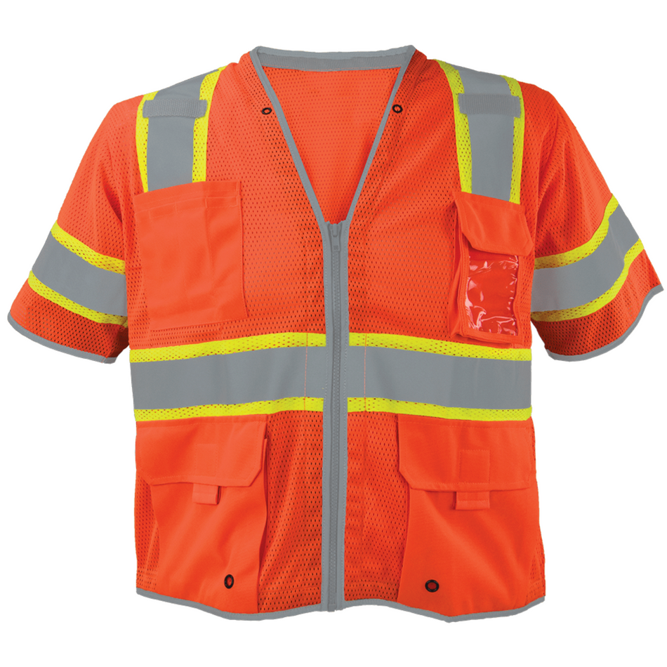 Class 3 Orange Polyester Mesh Zipper Closure Safety Vest (6 Pockets)