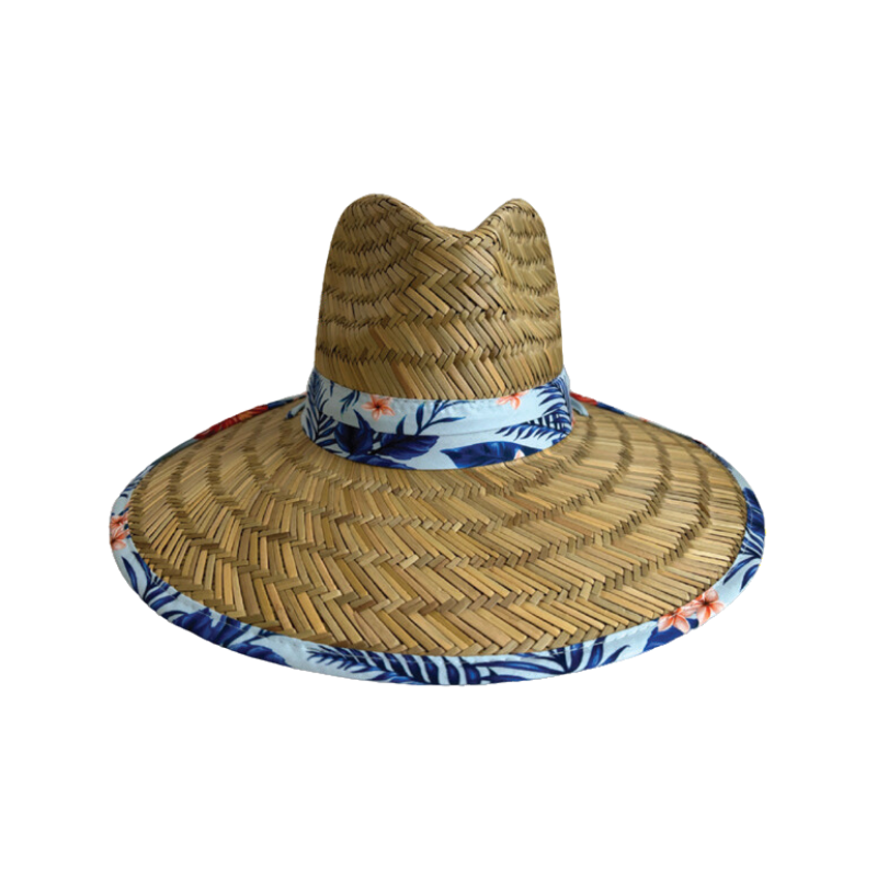 Straw Hat with Blue Hawaiian Print