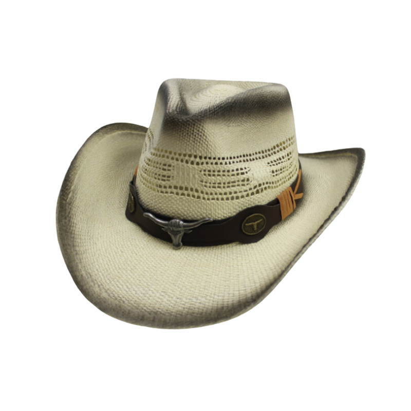 Flaring White Cowboy Hat with Bull Emblem