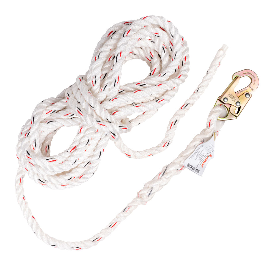 50 ft. Vertical White Polydac Rope Lifeline, Locking Snap hook on anchor end, other end cut and taped