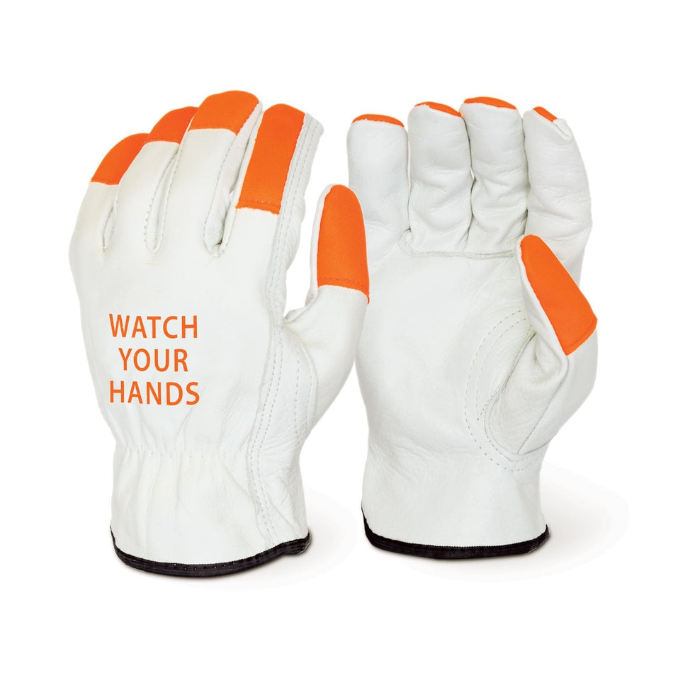 12 Pairs- Hi-Vis Cowhide Driver Glove (Watch Your Hands)