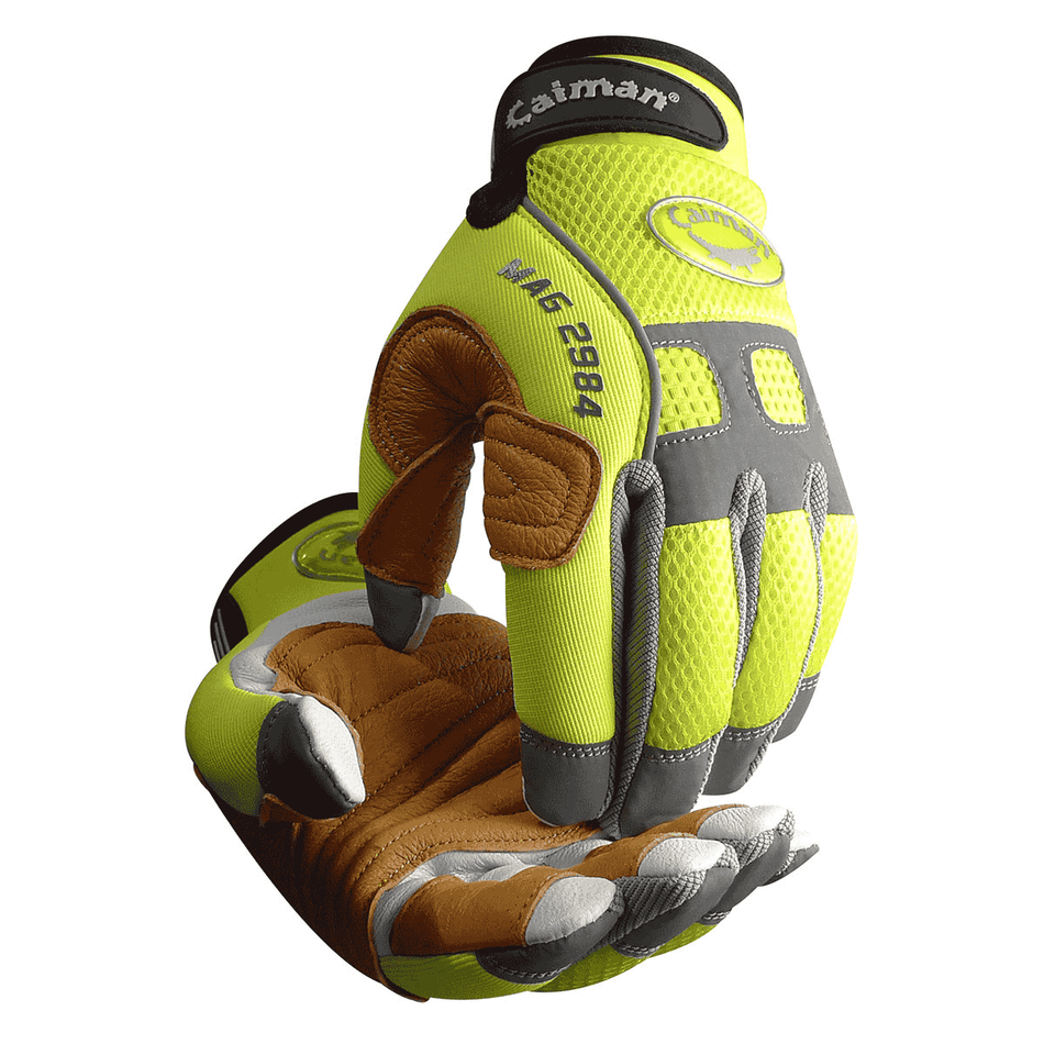 Single Pair - Caiman Mechanic Safety Gloves - Hi-Vis Goat Grain Leather Rappelling Gloves
