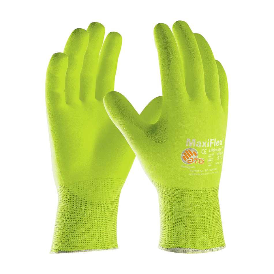 12 Pairs - MaxiFlex 34-874FY Ultimate Glove – Hi-Vis Touchscreen Work Gloves for Precision Handling and Breathable Comfort