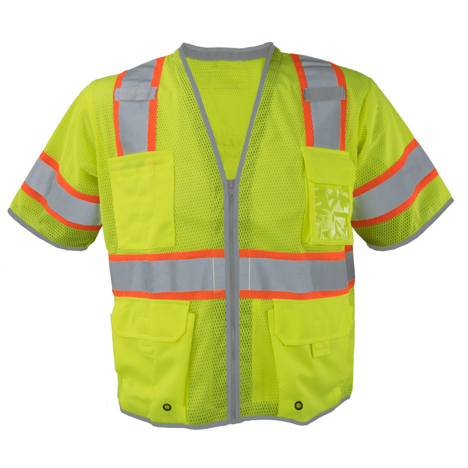 Class 3 Lime Polyester Mesh Zipper Closure Safety Vest (6 Pockets)