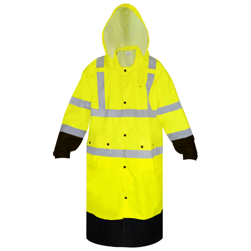 Hi Vis Yellow Rain Coat with Hood and Black Bottom