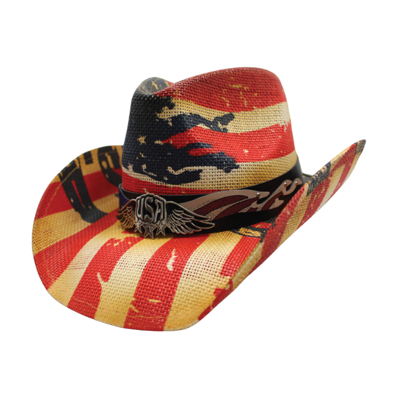 Tea Stain Western Cowboy Hat with Blazin USA design and Badge